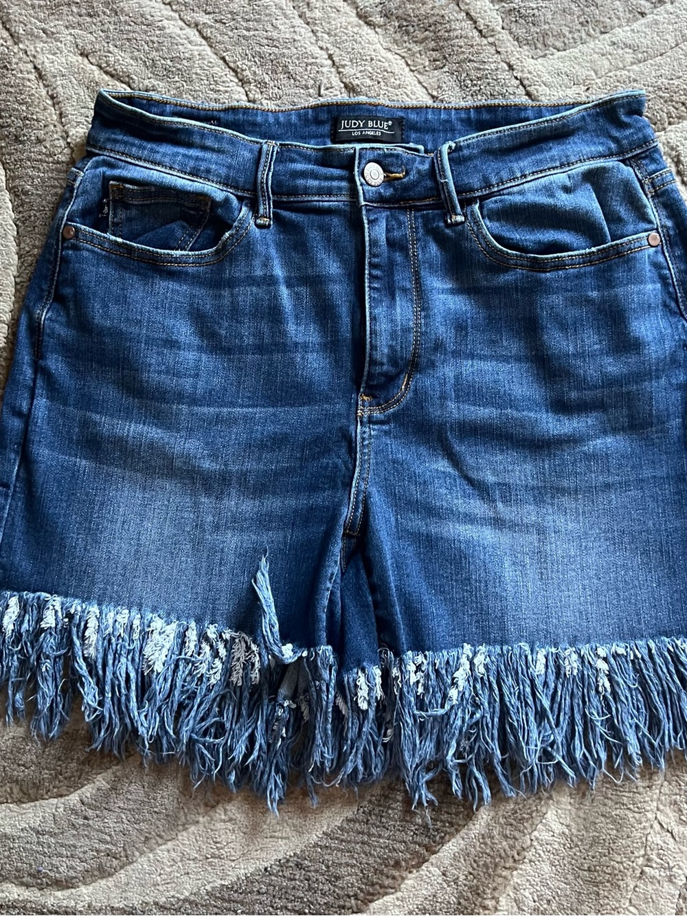 Judy Blue Distressed Fringed Hem Denim Shorts - Blue Wash